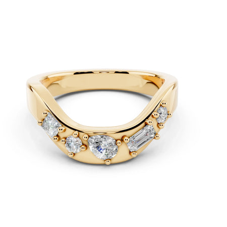 Yellow gold ring with assorted diamonds in unique curved band design, custom jewelry