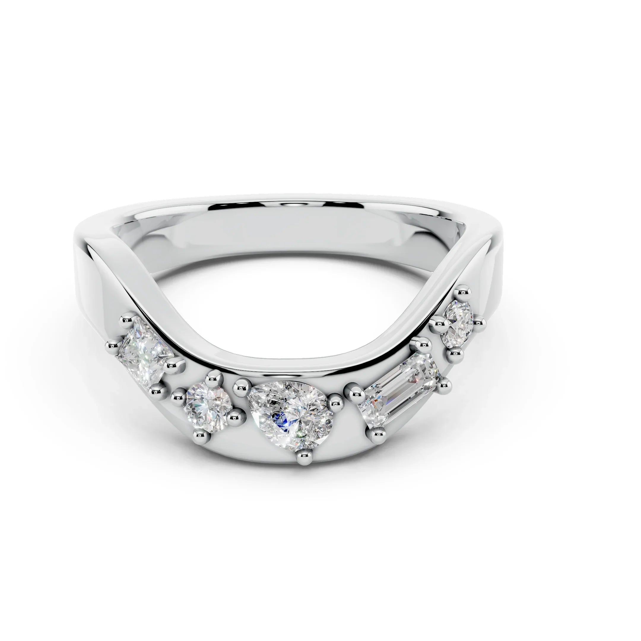 White gold curved band with mixed shape diamonds in a contemporary design