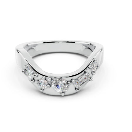 White gold curved band with mixed shape diamonds in a contemporary design