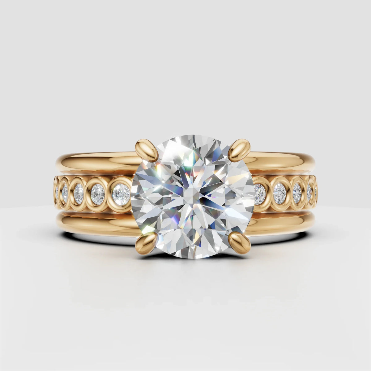 Gold engagement ring with large round diamond and diamond-studded band