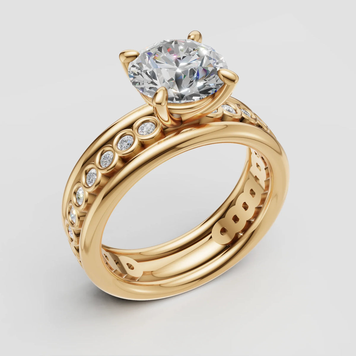 Gold engagement ring set with round diamond solitaire and pavé accent diamonds