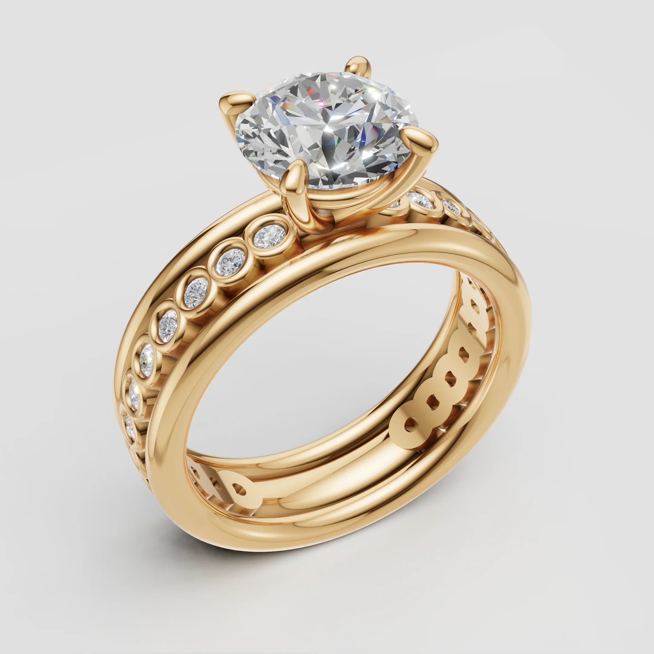 Gold engagement ring set with round diamond solitaire and pavé accent diamonds