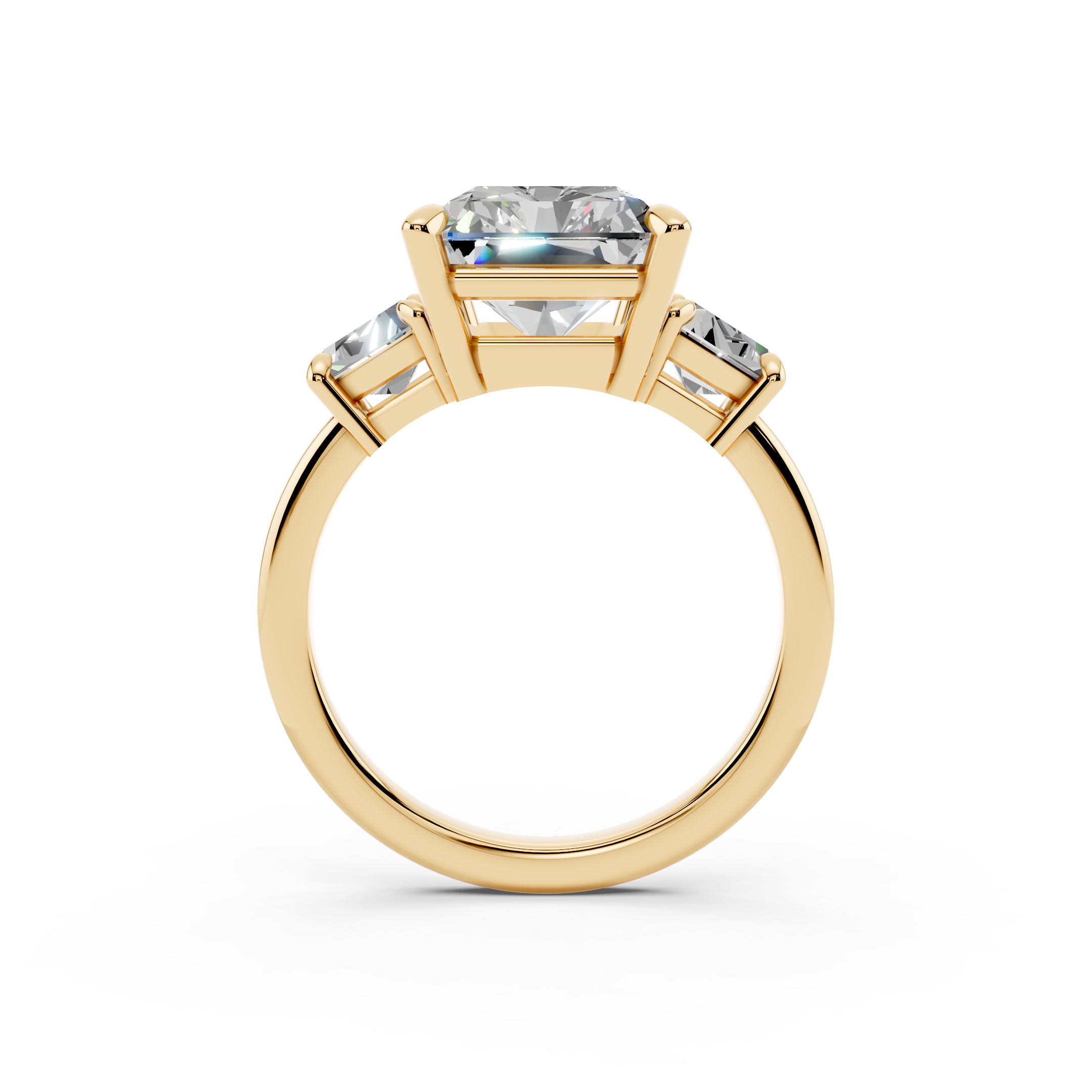 Yellow gold three stone engagement ring with emerald-cut center diamond