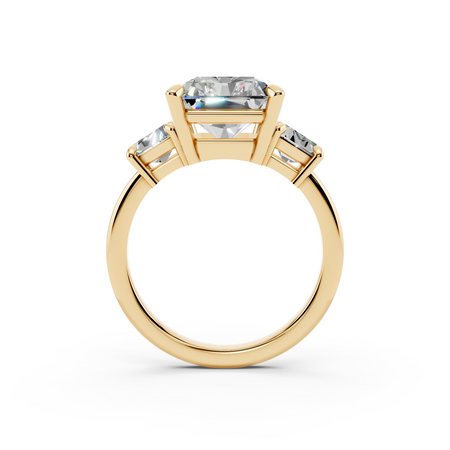 Yellow gold three stone engagement ring with emerald-cut center diamond