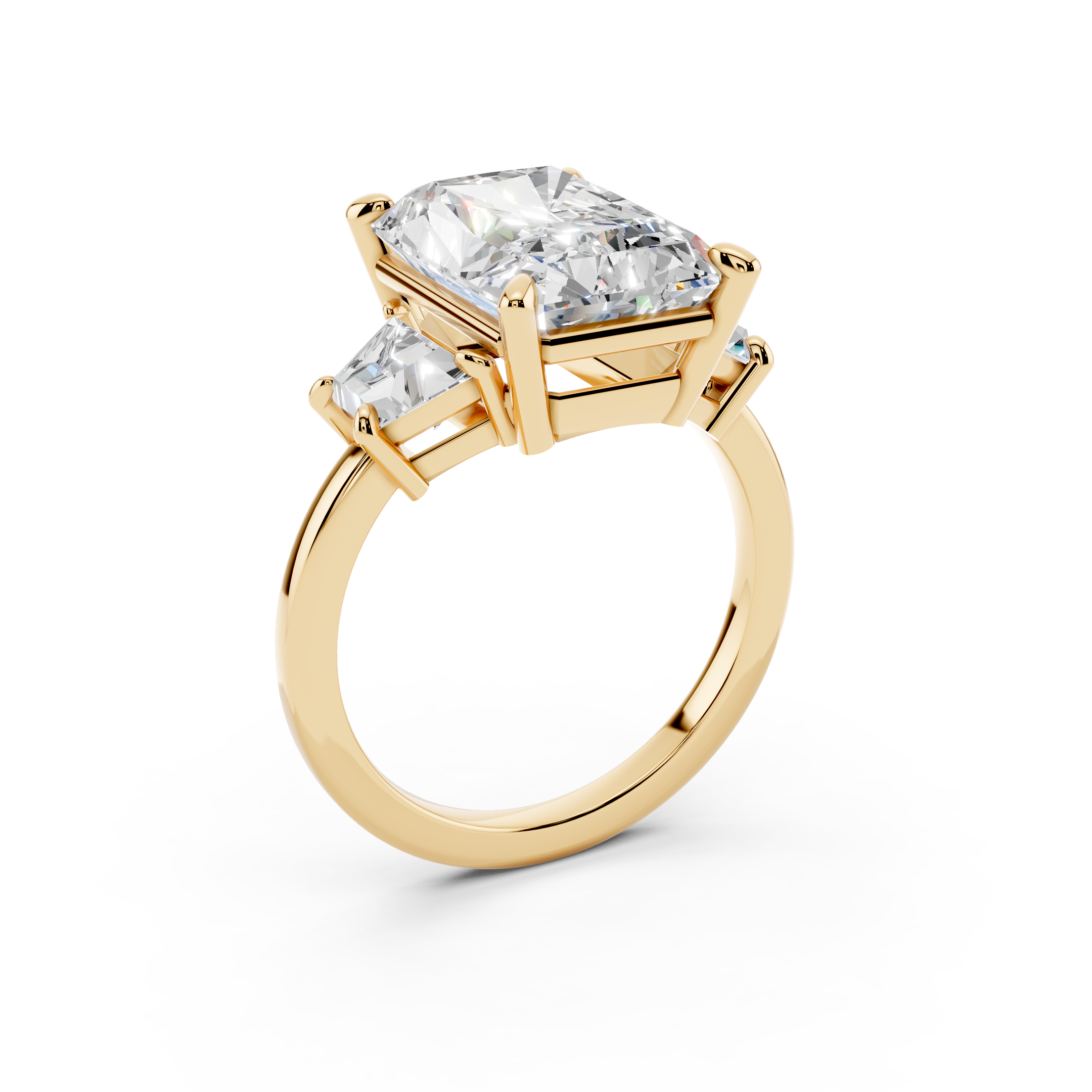 Yellow gold three-stone engagement ring with emerald-cut center and side stones
