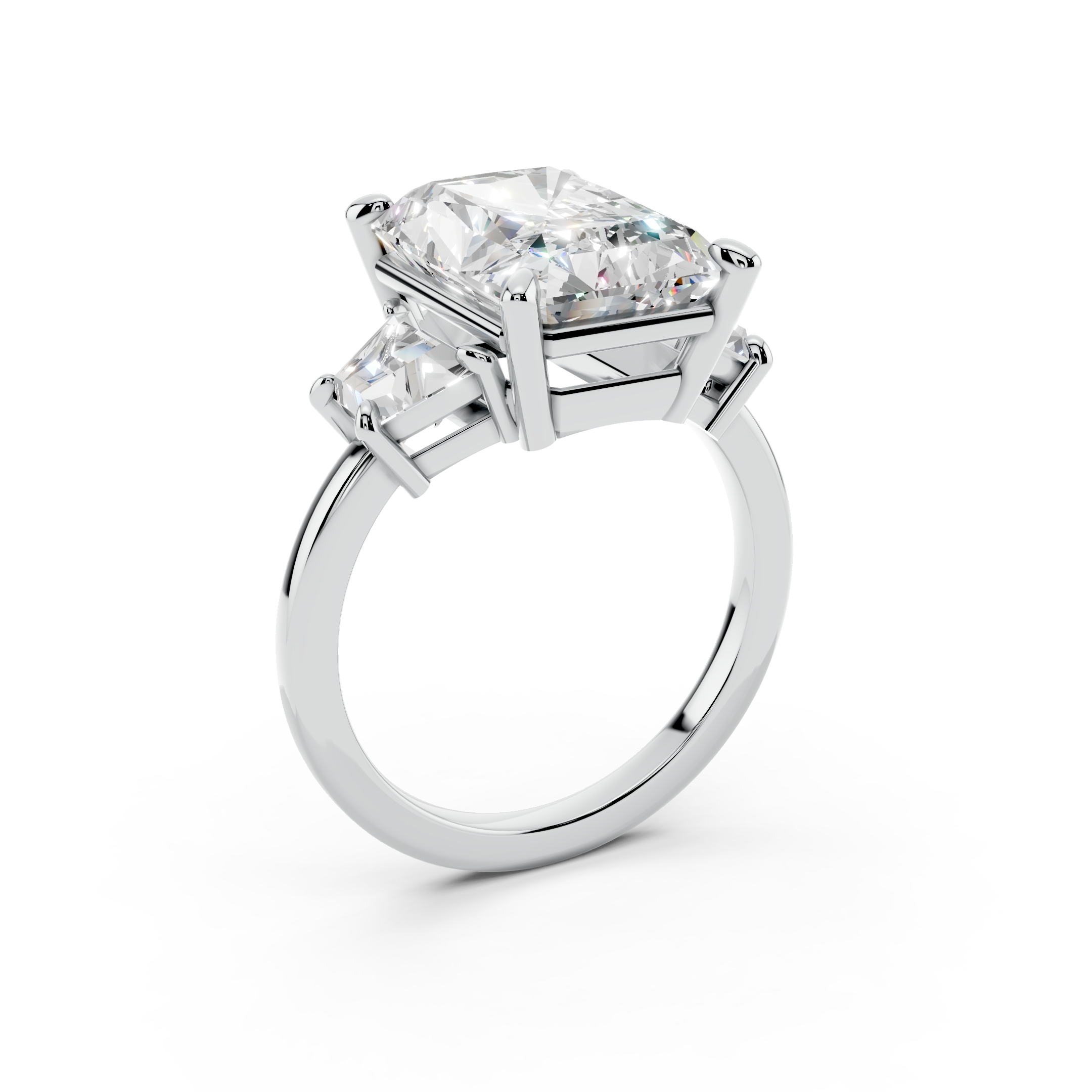 Platinum three-stone engagement ring with emerald-cut center diamond and side stones