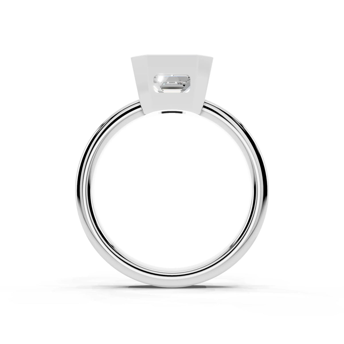 Side profile of a white gold solitaire engagement ring with a rectangular center stone