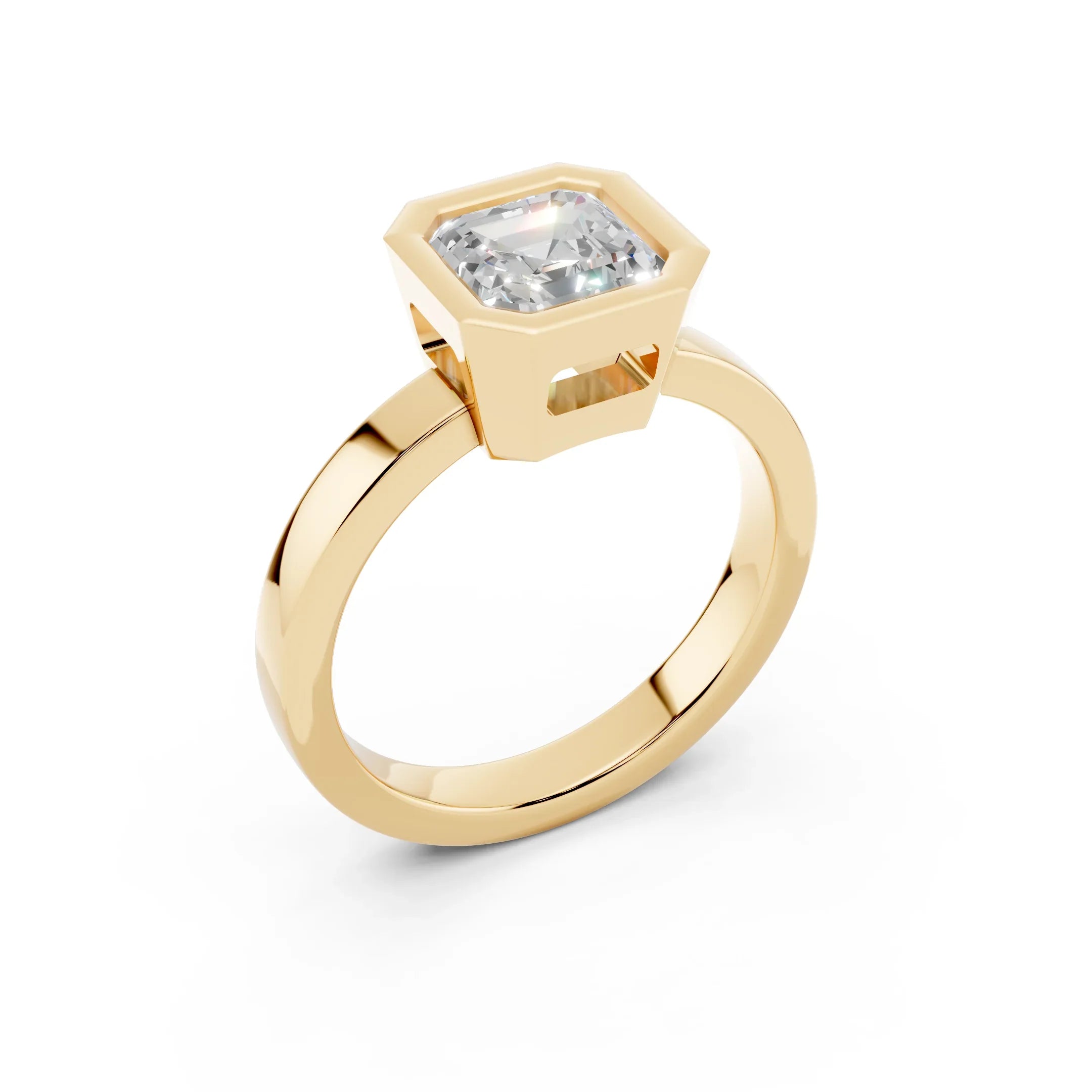 Yellow gold ring with hexagon setting and emerald-cut gemstone on white background