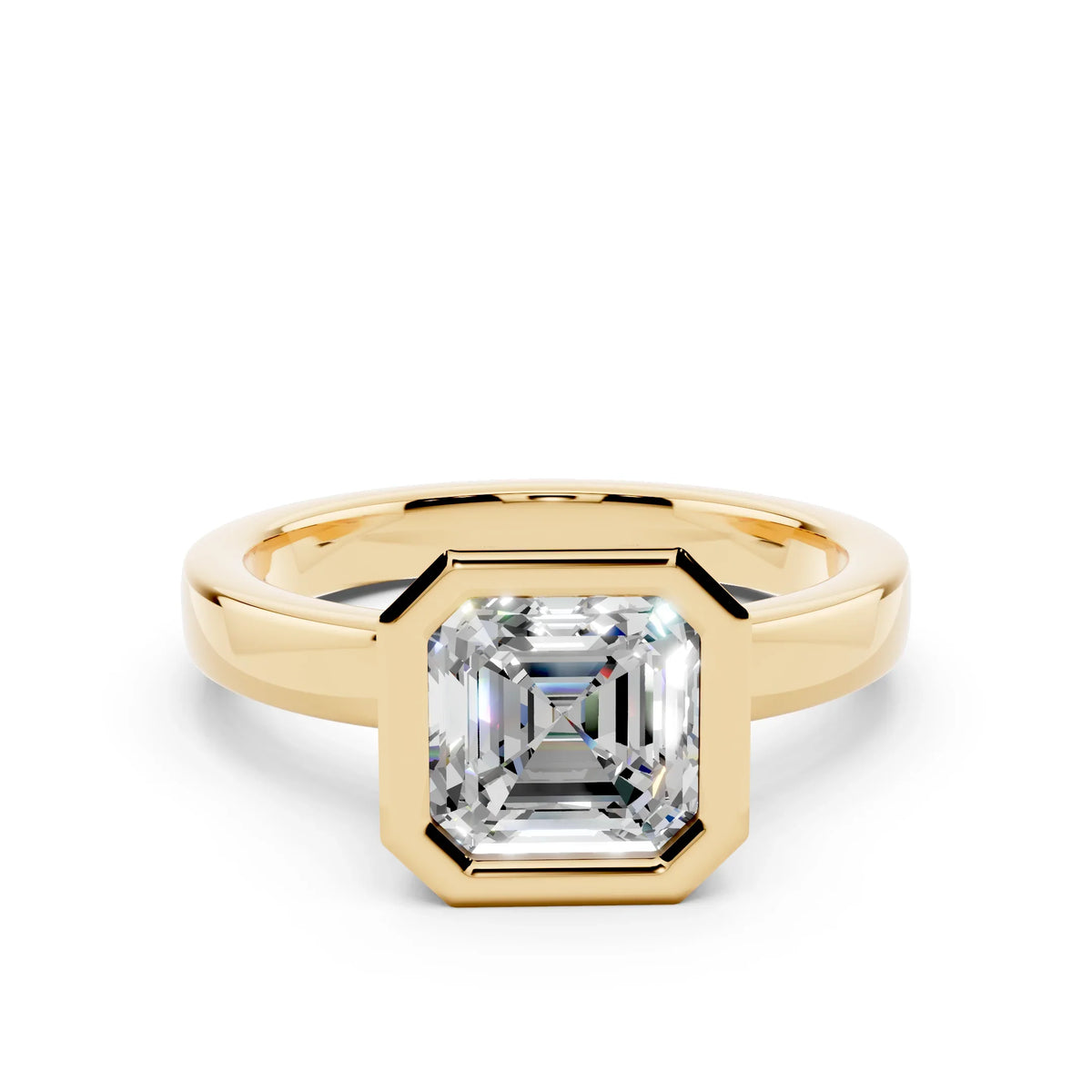 Asscher cut diamond solitaire engagement ring in yellow gold setting
