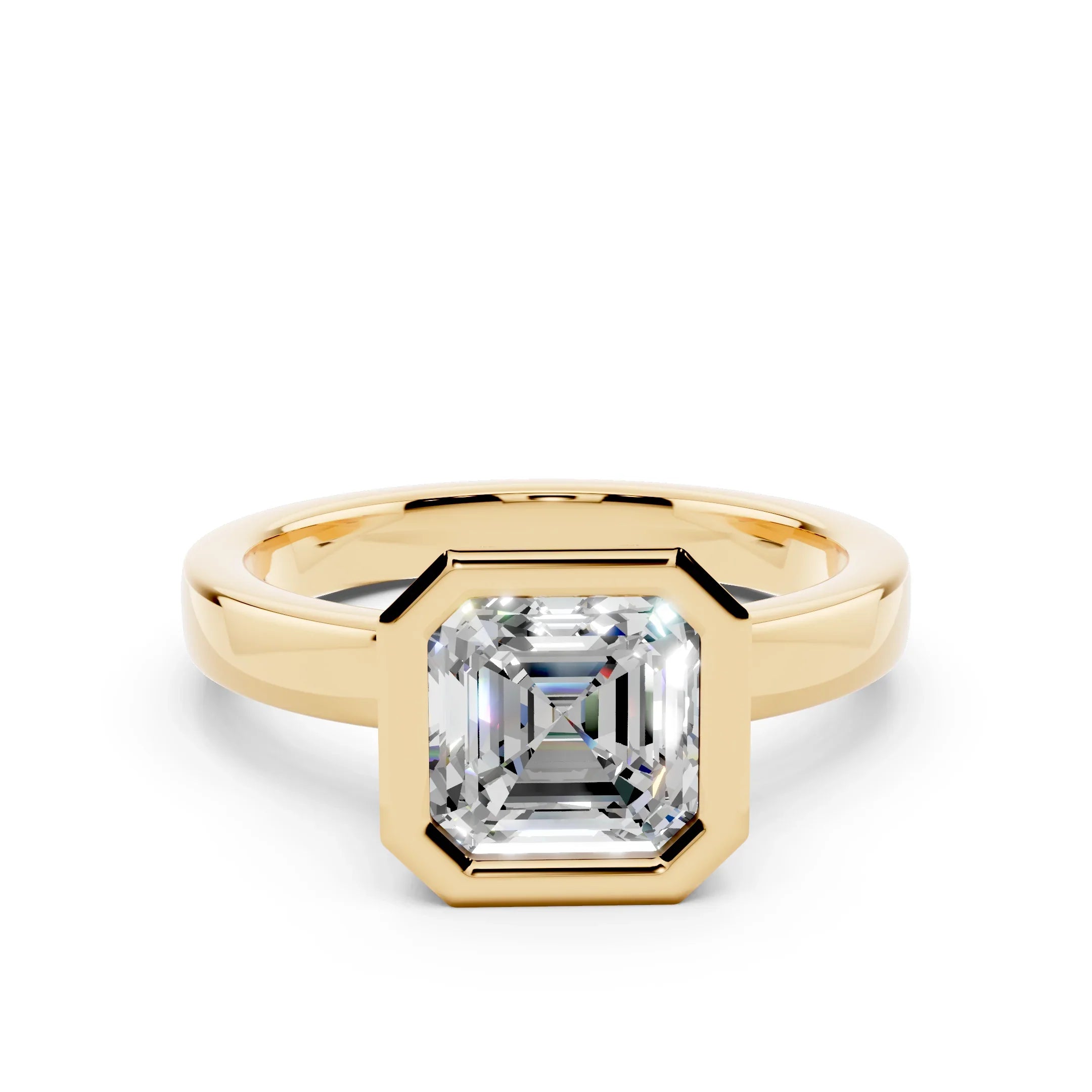 Asscher cut diamond solitaire engagement ring in yellow gold setting