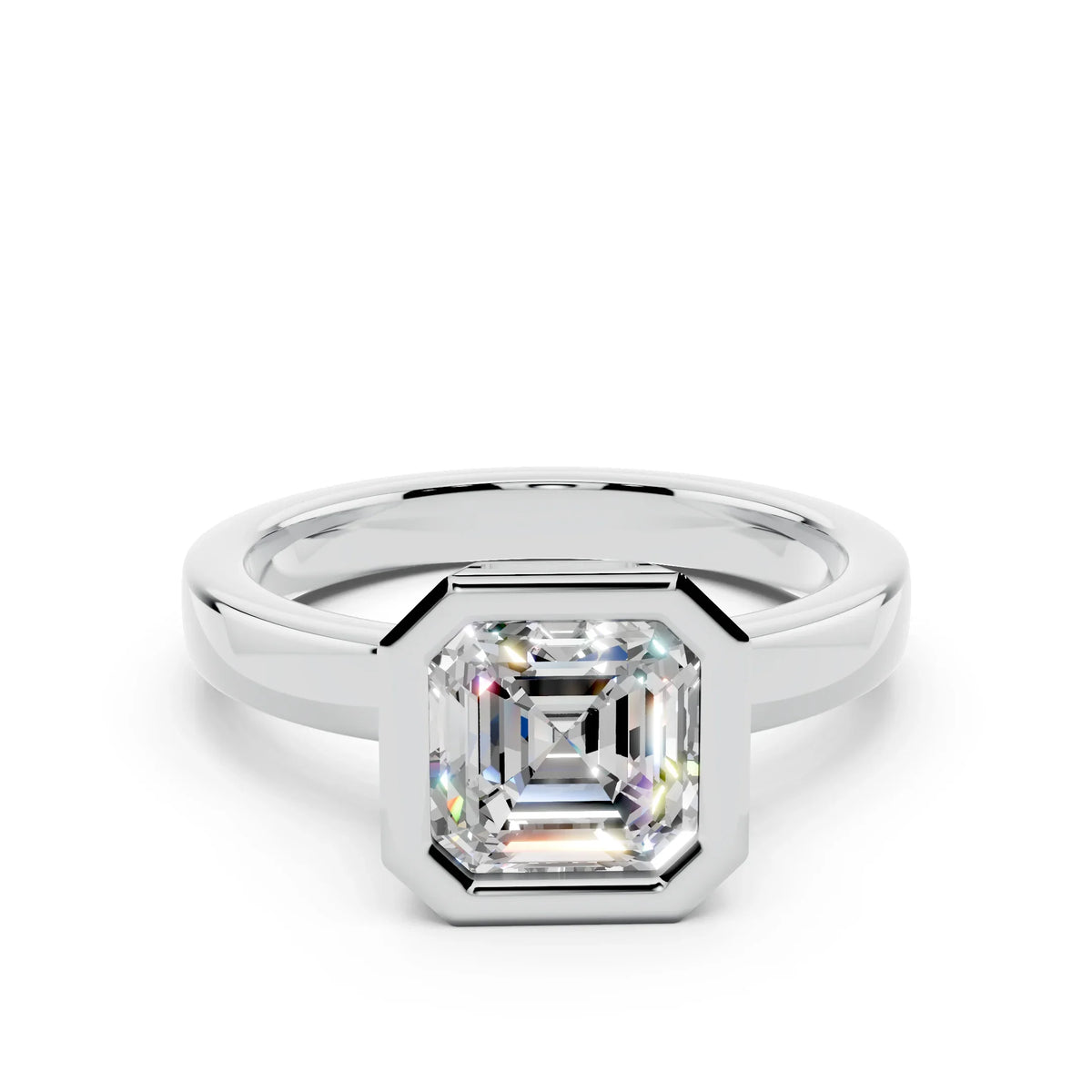 Asscher cut diamond engagement ring in a white gold bezel setting, minimalist design