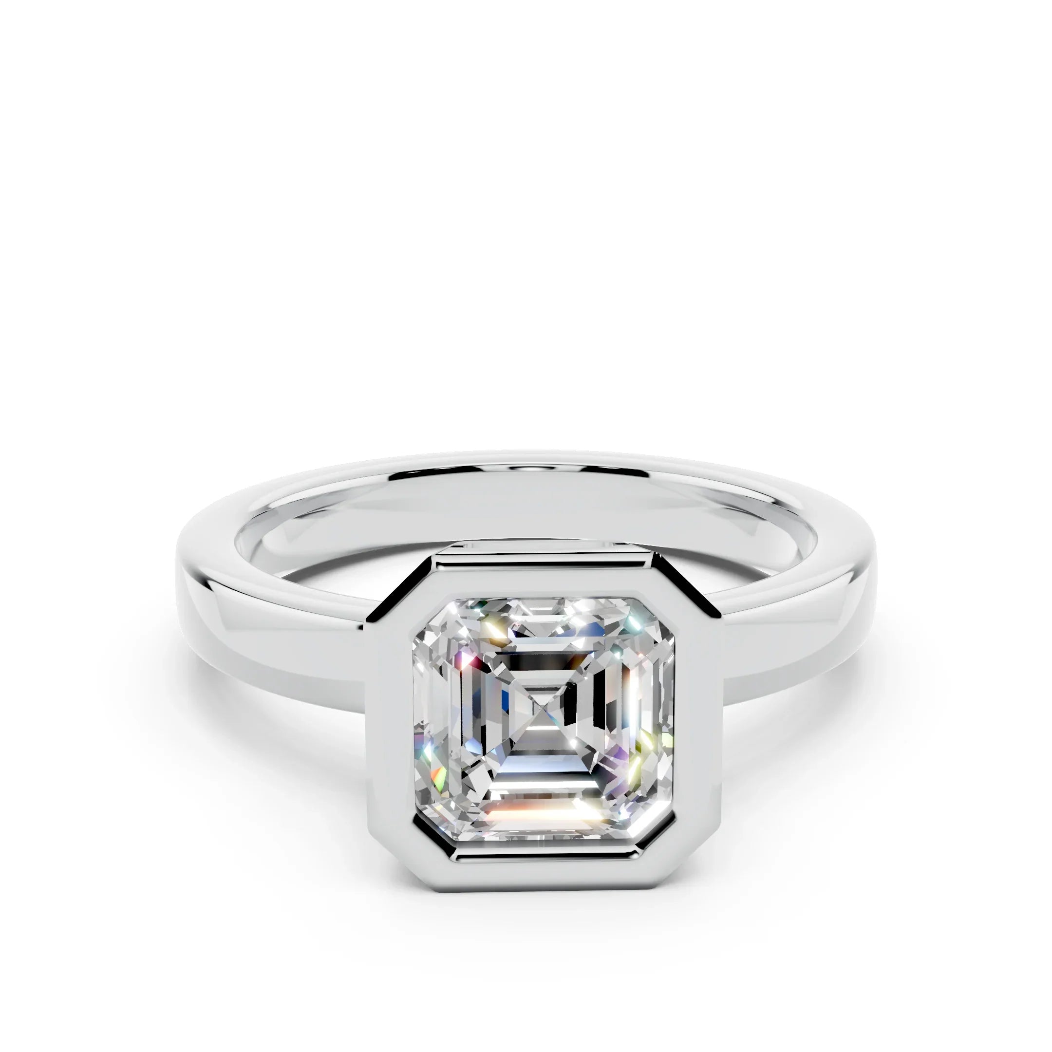 Asscher cut diamond engagement ring in a white gold bezel setting, minimalist design