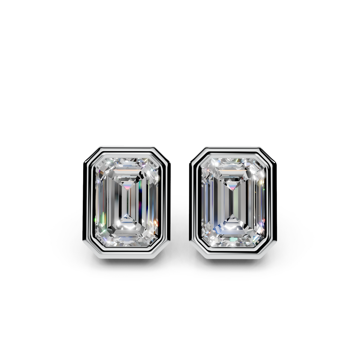 Emerald cut diamond stud earrings with geometric bezel settings on white background