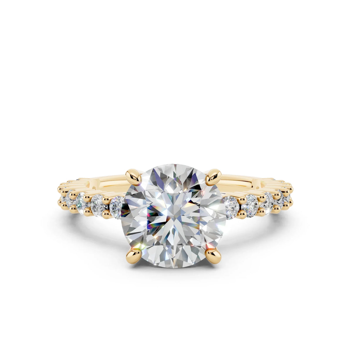 Round brilliant cut diamond engagement ring with pavé yellow gold band