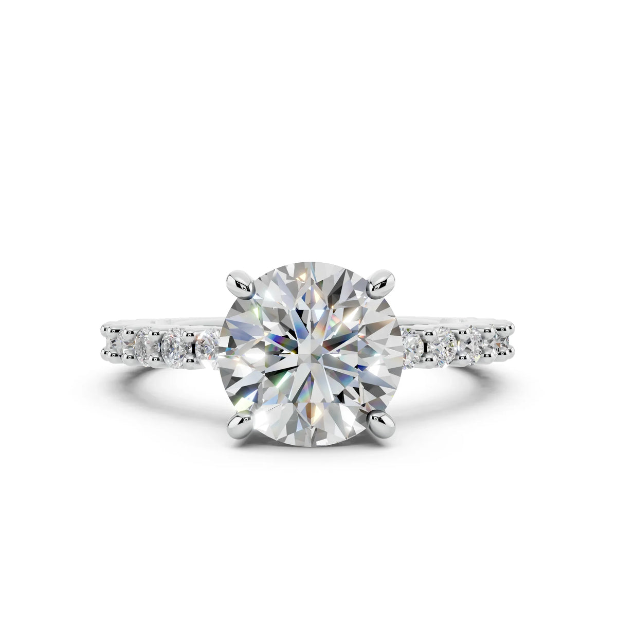 Round brilliant diamond engagement ring with pavé band in white gold