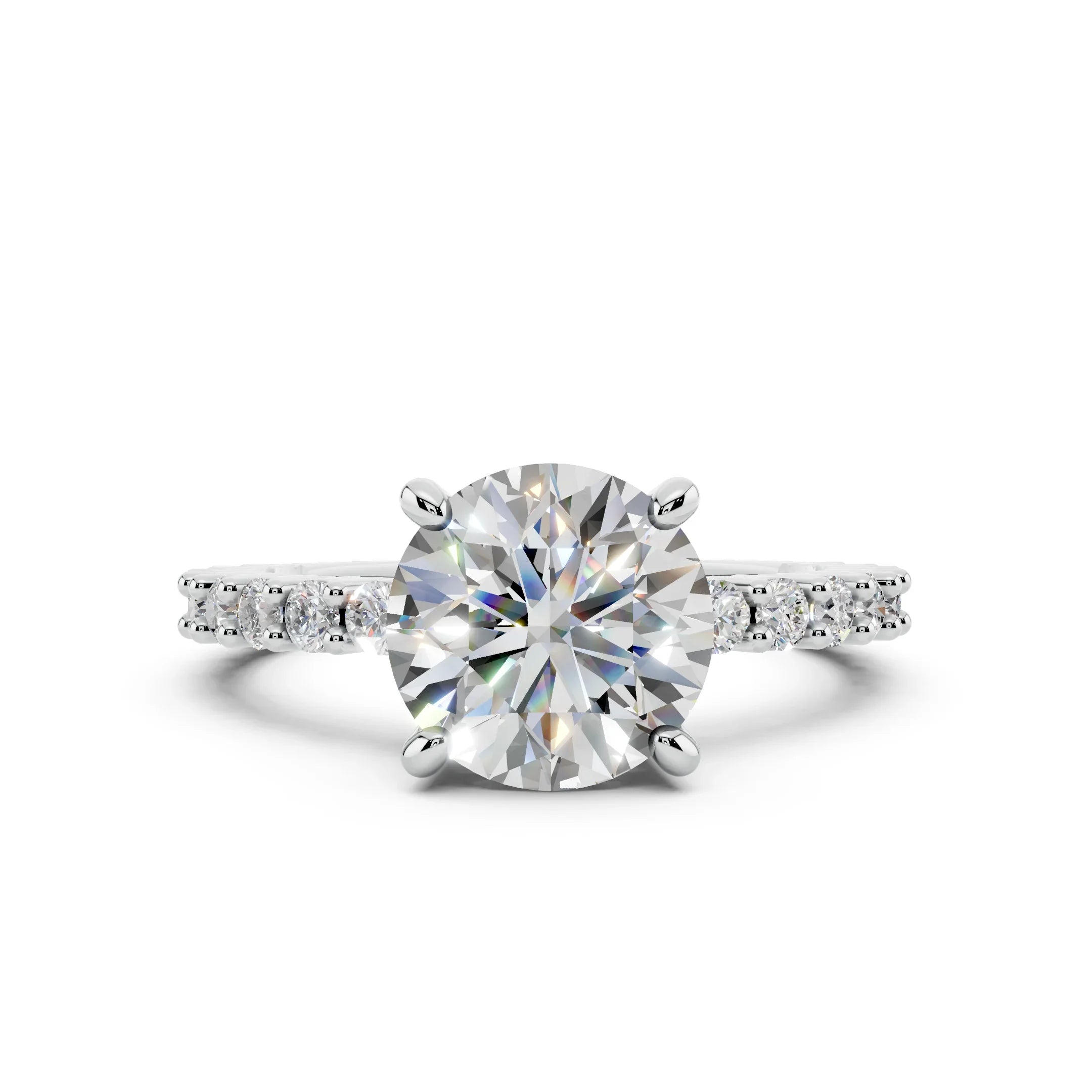 Round brilliant diamond engagement ring with pavé band in white gold