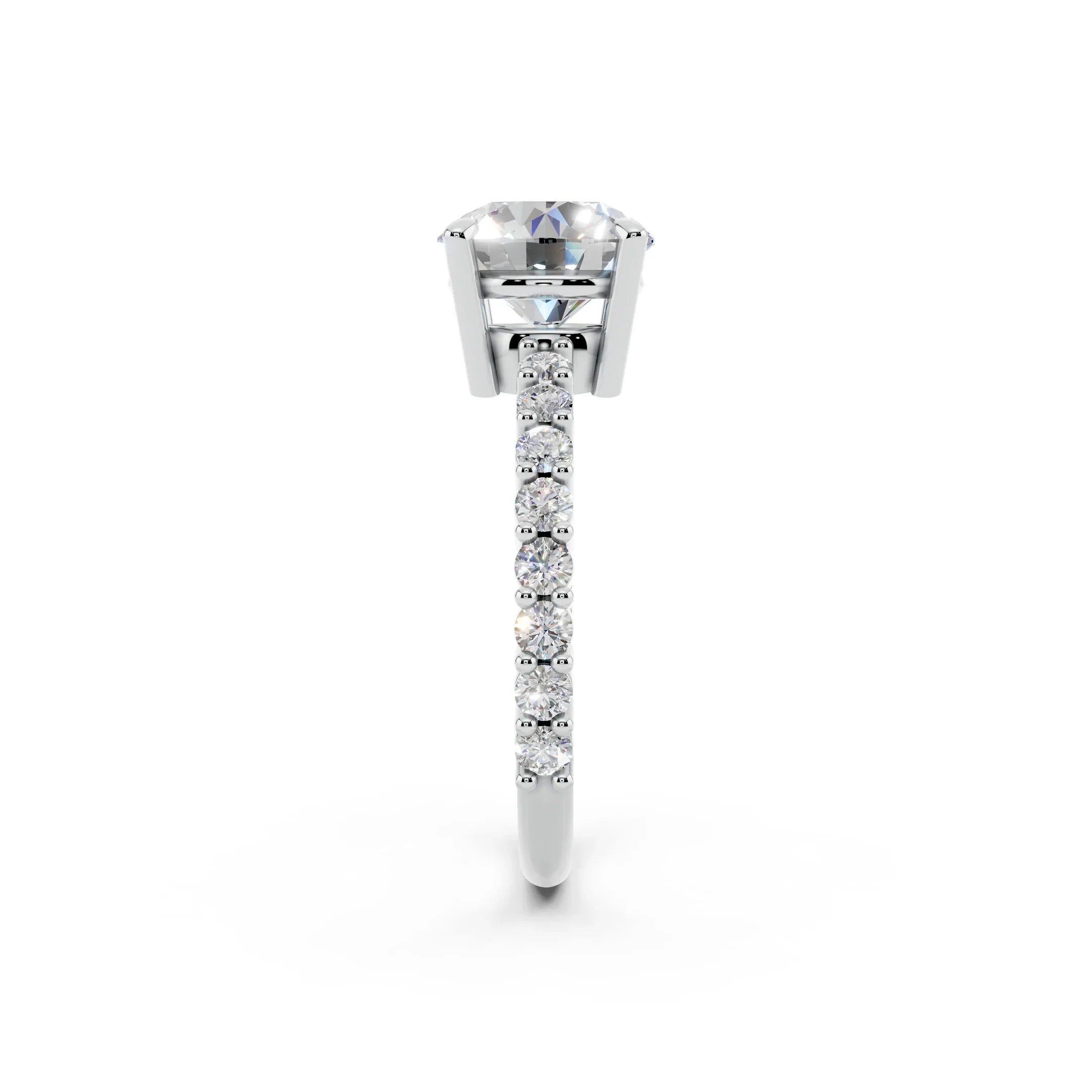 Side view of diamond engagement ring with pavé band in white gold