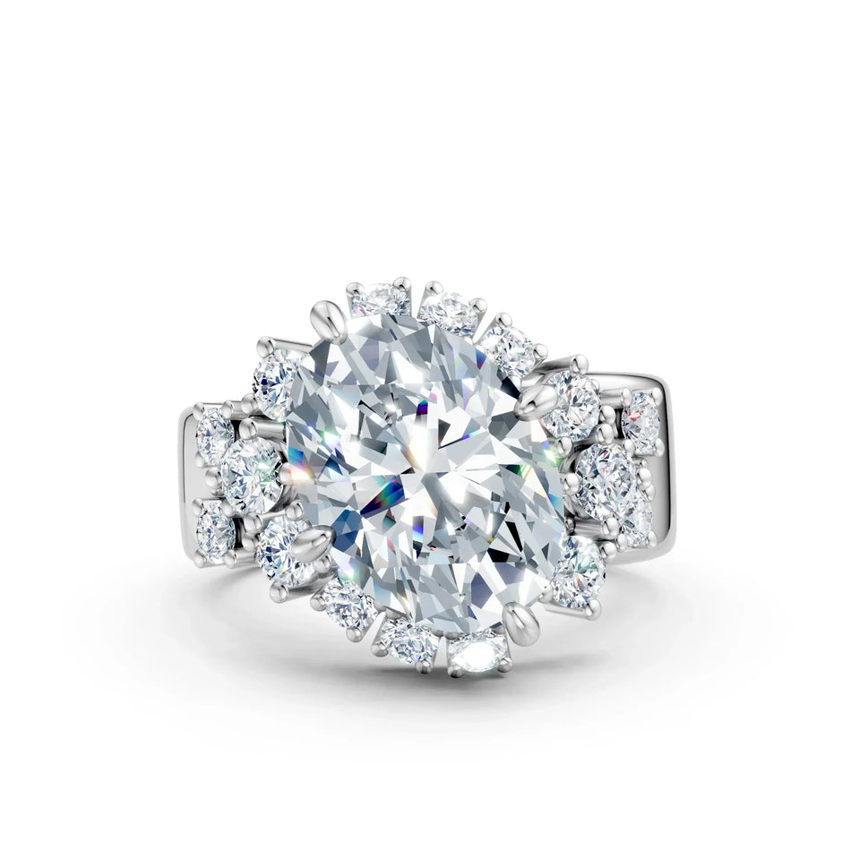 Oval cut diamond engagement ring with halo and side stones in white gold setting