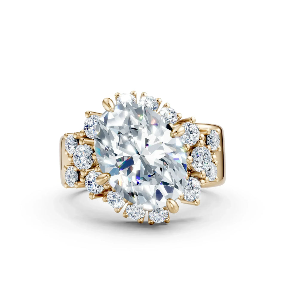 Oval cut diamond engagement ring with halo and side stones in yellow gold setting