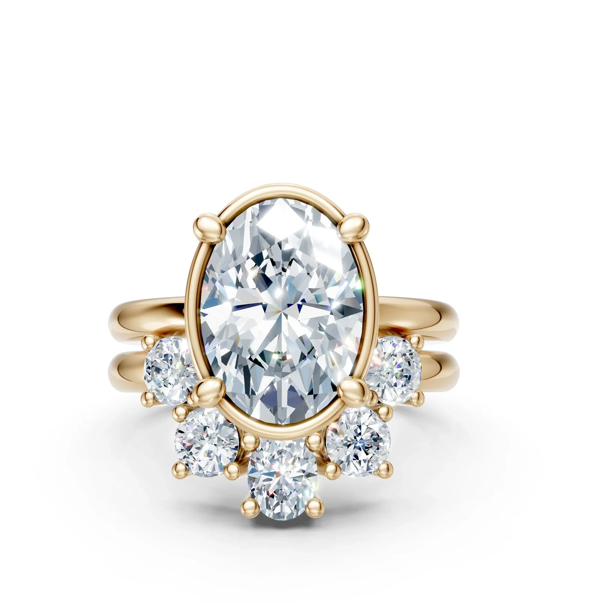 Oval diamond engagement ring in gold with side stones, custom made-to-order jewelry