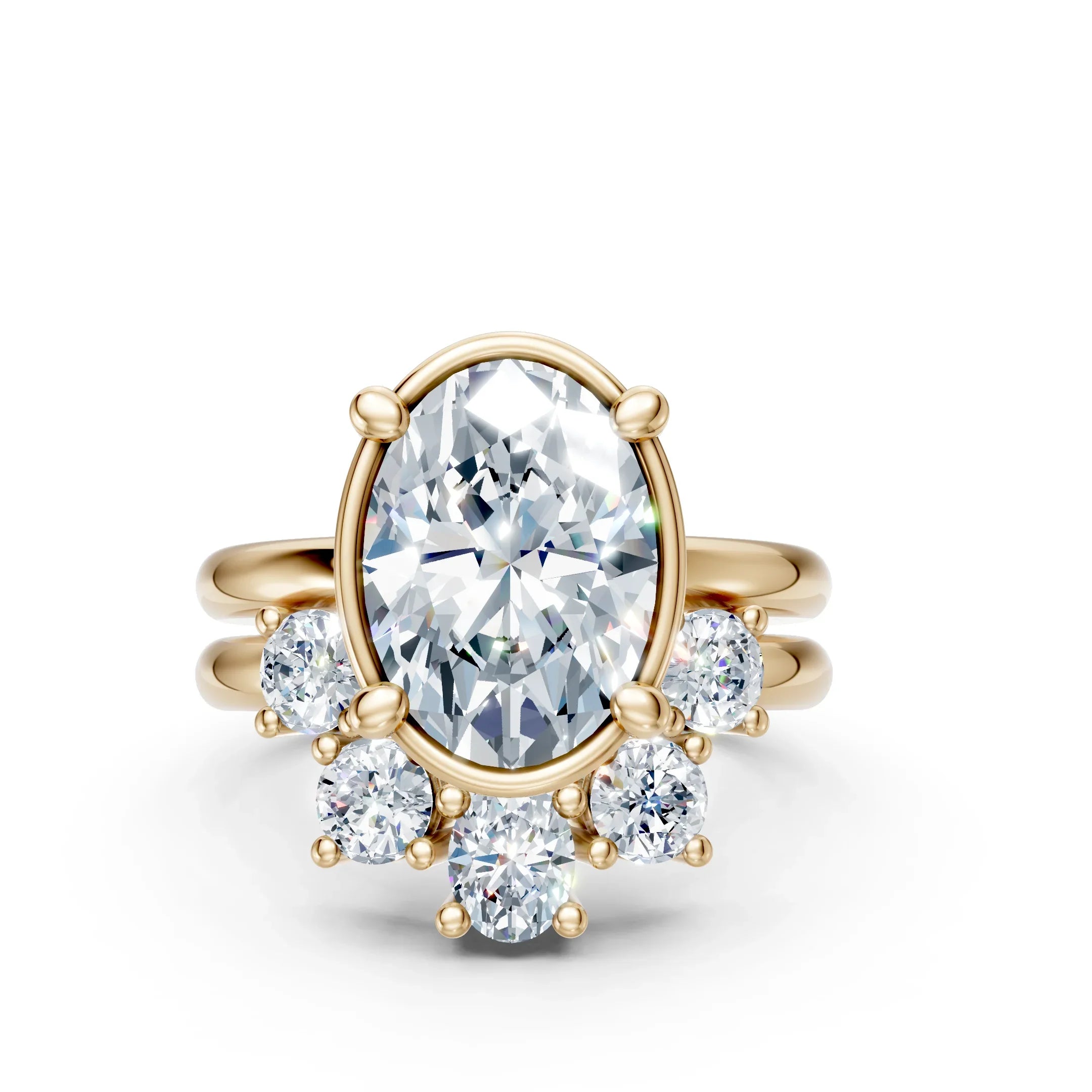 Oval diamond engagement ring in gold with side stones, custom made-to-order jewelry