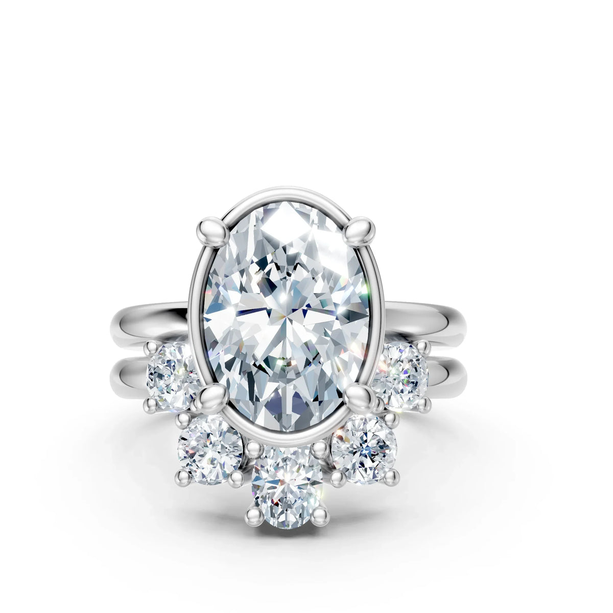 Elegant oval diamond engagement ring with halo accents and split shank band