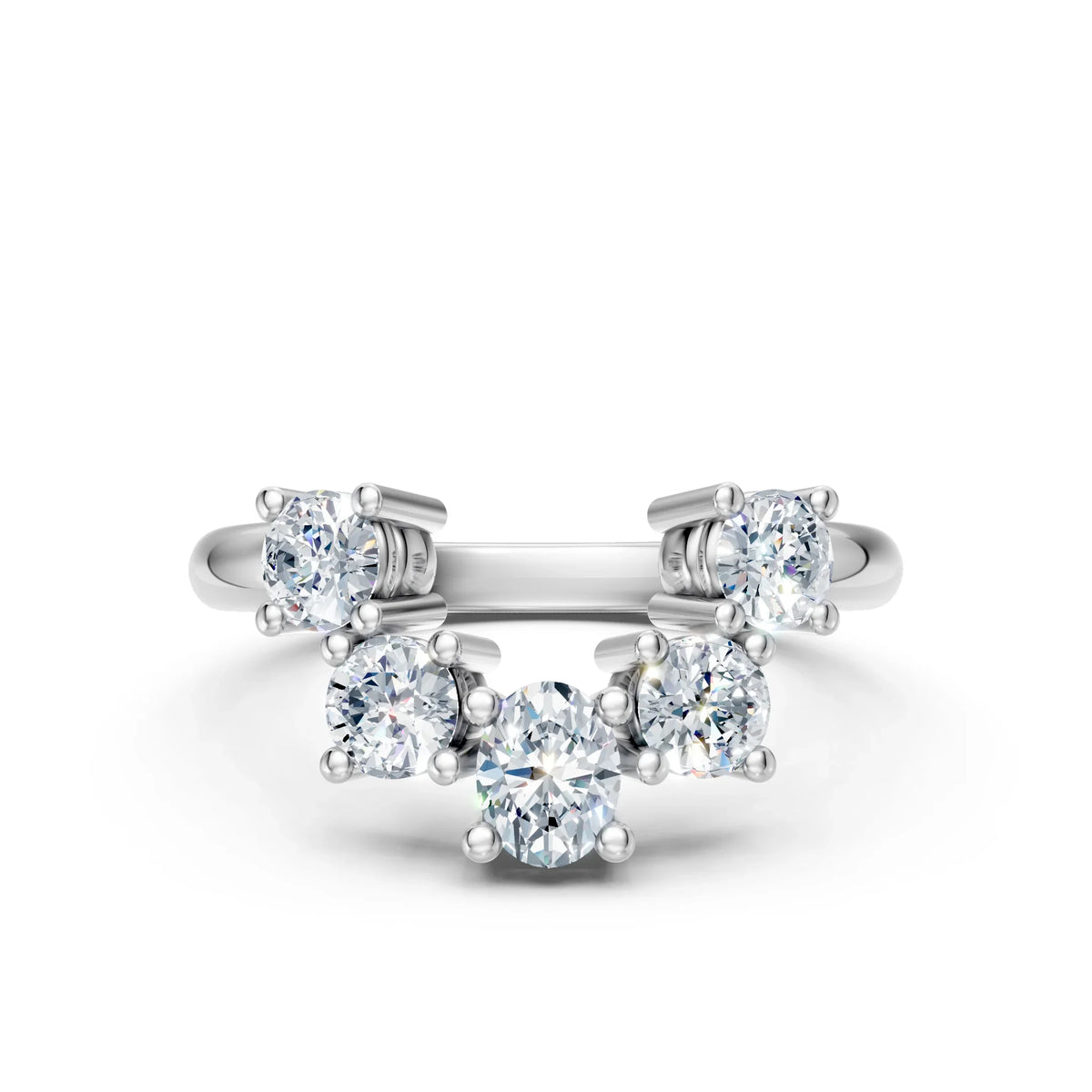 Three-stone diamond engagement ring with round brilliant center and side stones, white gold band
