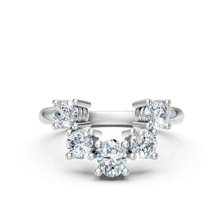 Three-stone diamond engagement ring with round brilliant center and side stones, white gold band
