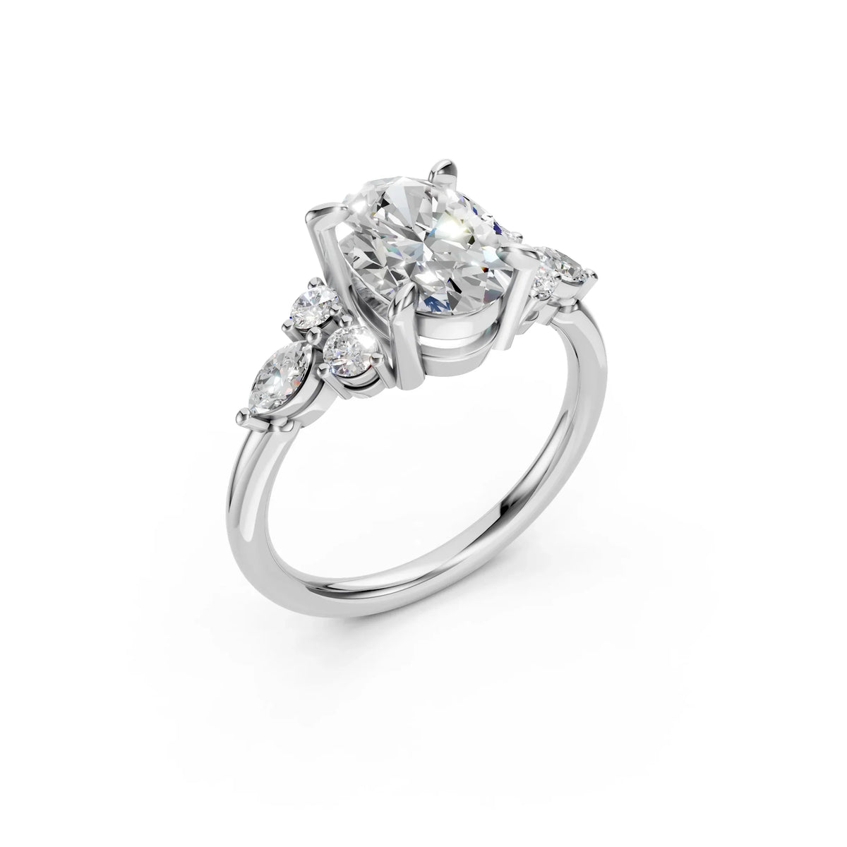 Elegant engagement ring with oval diamond center and side accents, crafted in white gold