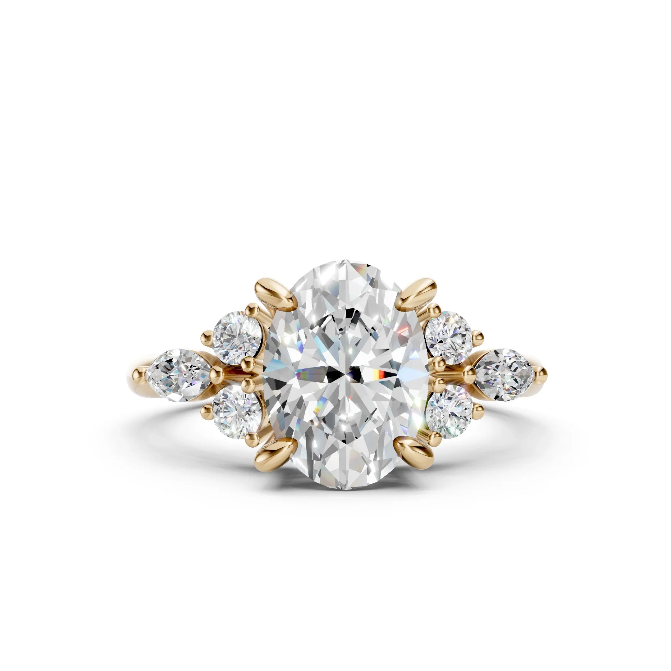 Oval diamond engagement ring with gold band and side stones, custom made-to-order jewelry