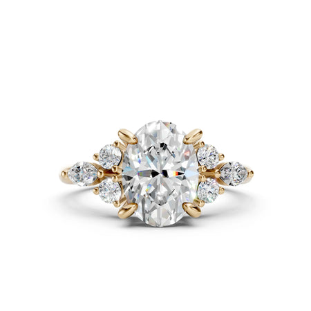 Oval diamond engagement ring with gold band and side stones, custom made-to-order jewelry