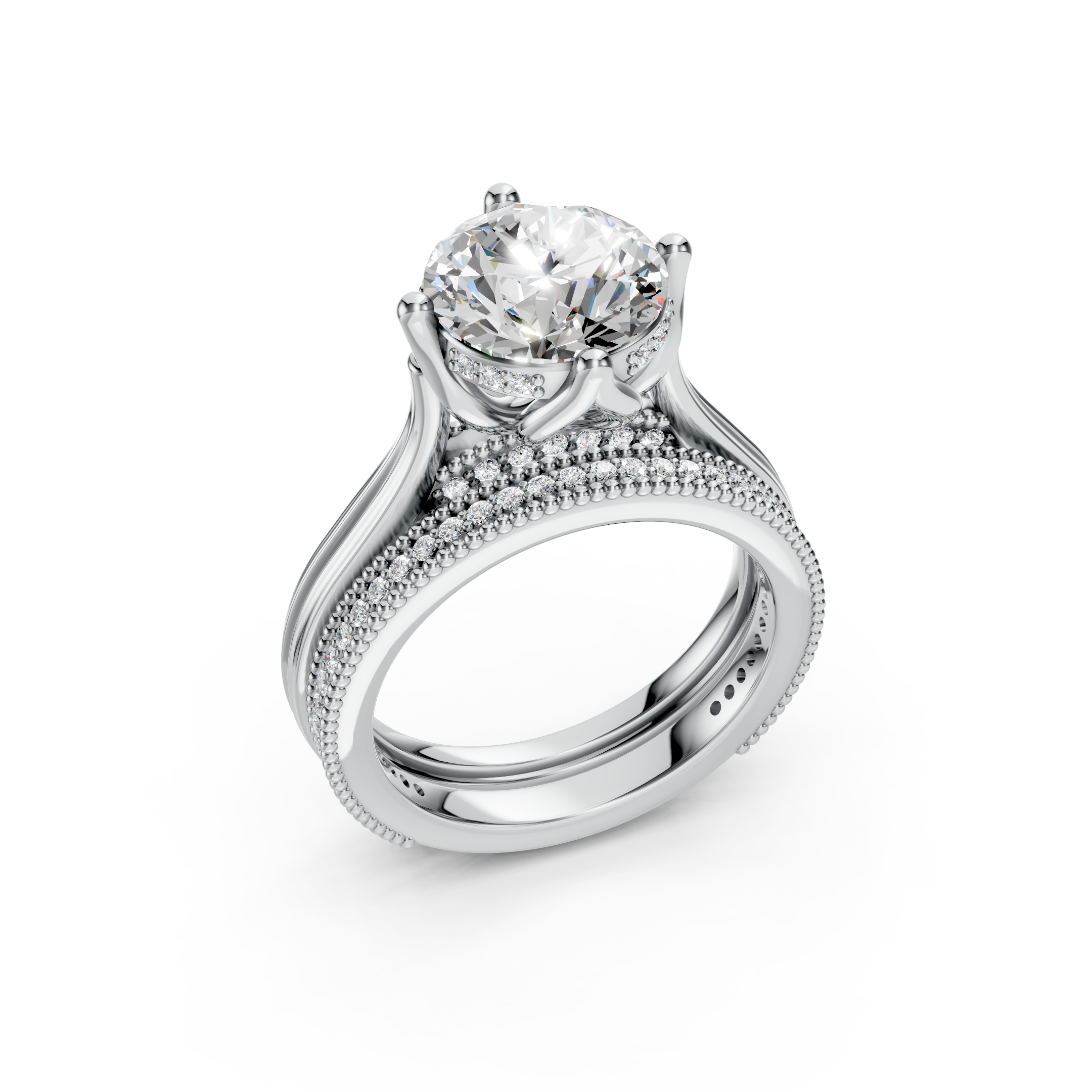 Round brilliant cut diamond engagement ring with a pavé diamond wedding band set.