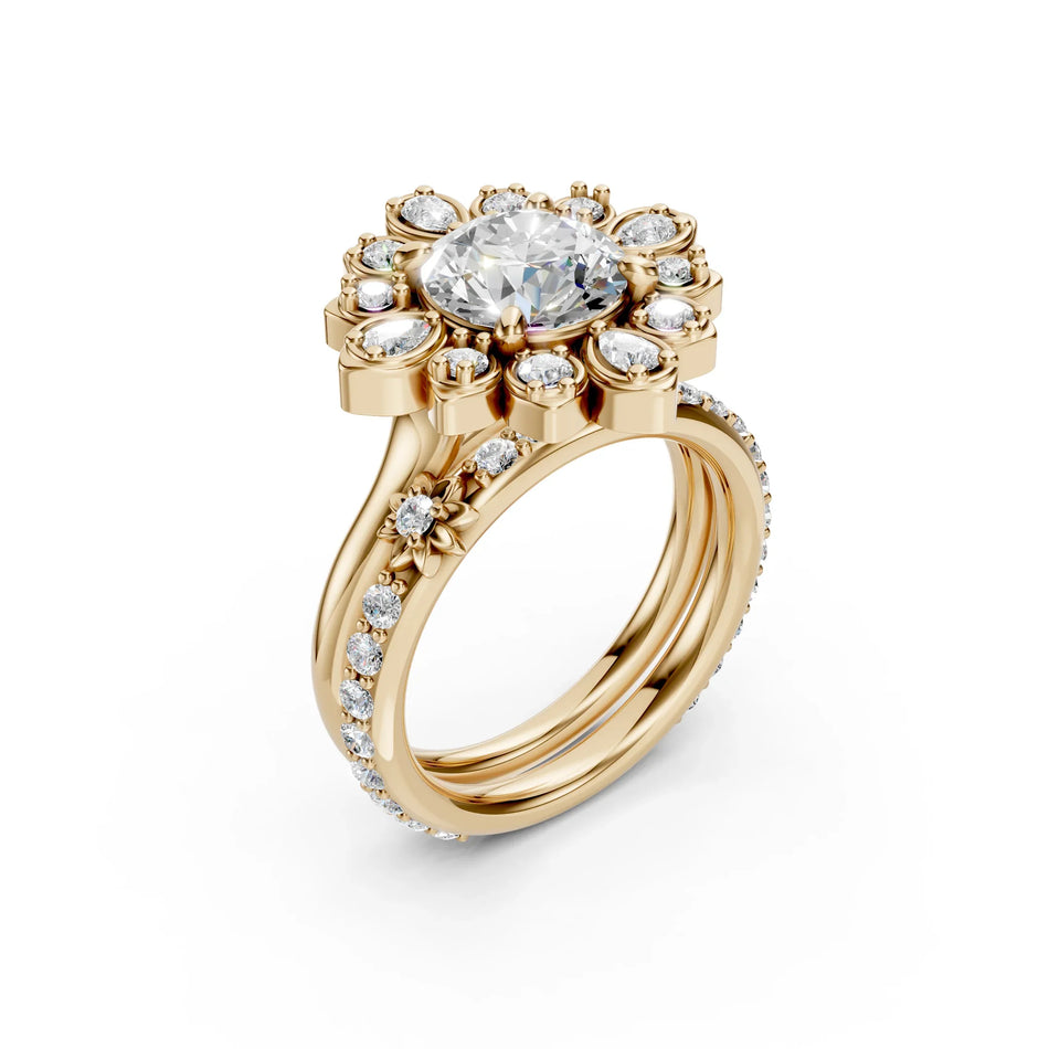 Rose gold engagement ring set with a large round diamond and halo accent stones.