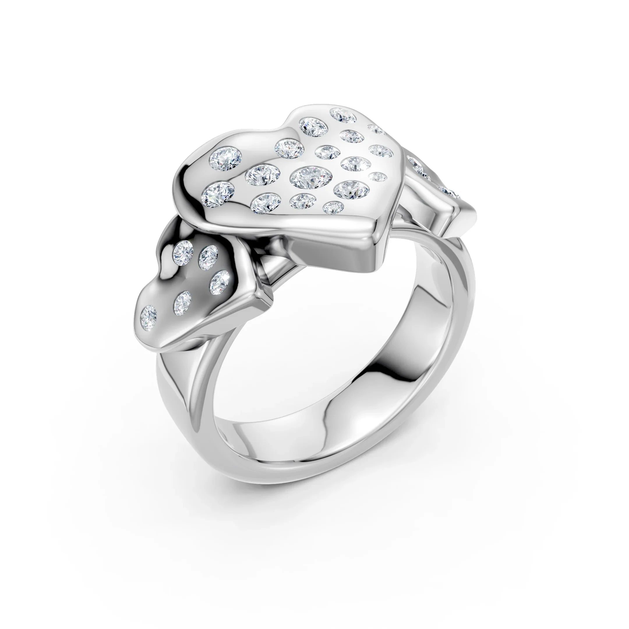 Silver heart-shaped ring featuring interlocking hearts embellished with small diamonds