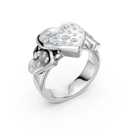 Silver heart-shaped ring featuring interlocking hearts embellished with small diamonds