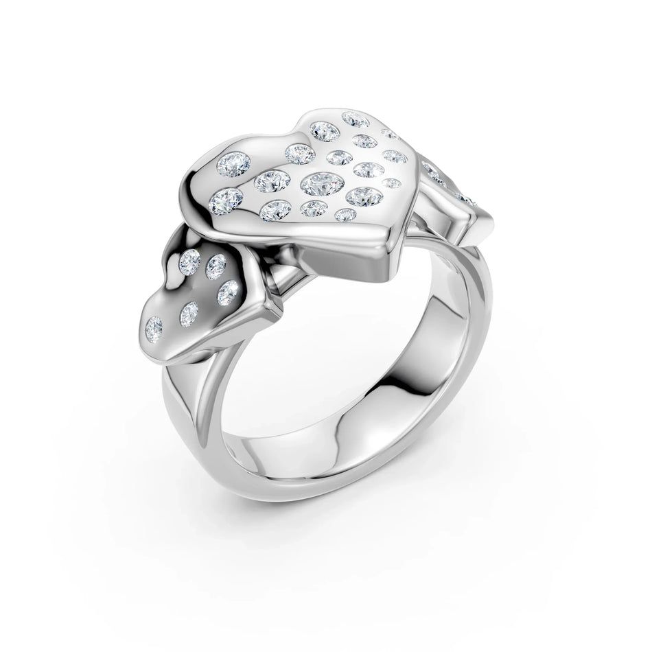 Silver heart-shaped ring featuring interlocking hearts embellished with small diamonds
