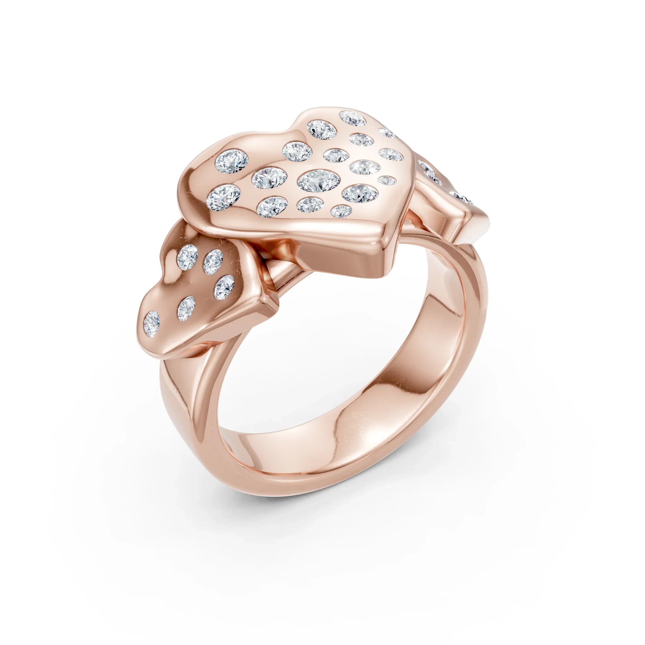 Rose gold ring featuring interlocking diamond-encrusted heart designs