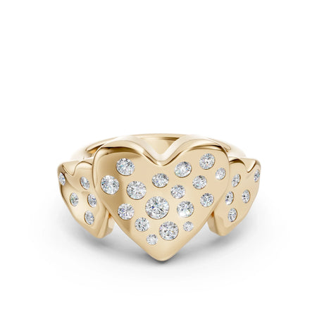 Yellow gold heart-shaped ring featuring multiple pave-set diamonds.
