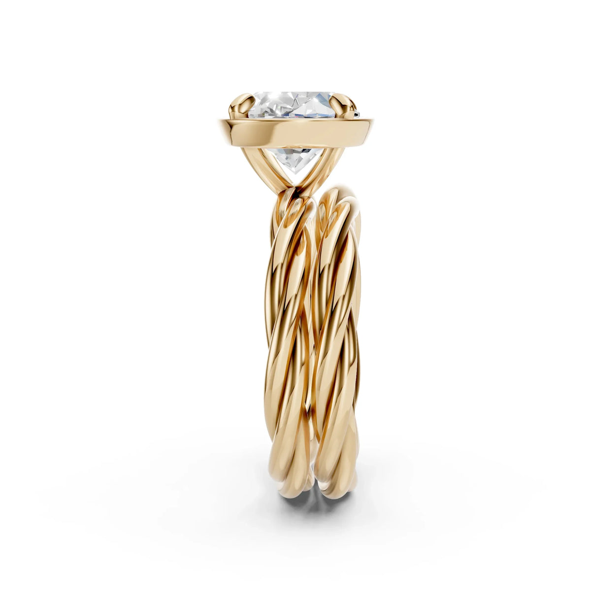 Yellow gold engagement ring with a twisted band and a large square-cut diamond