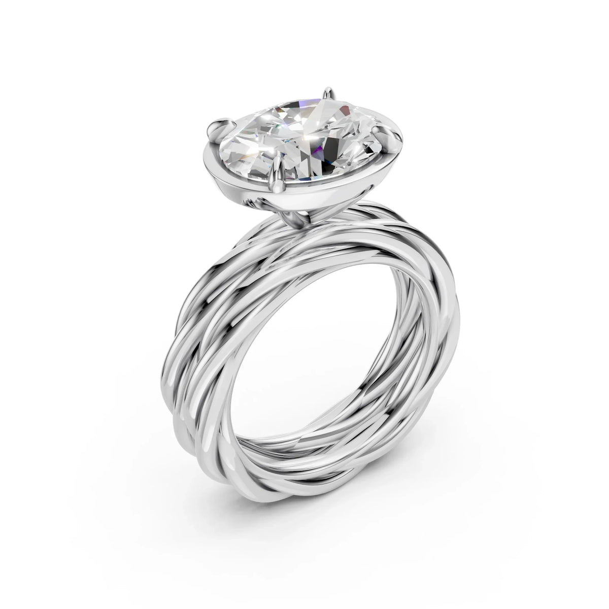 Silver engagement ring featuring a twisted band and a large round diamond center stone.