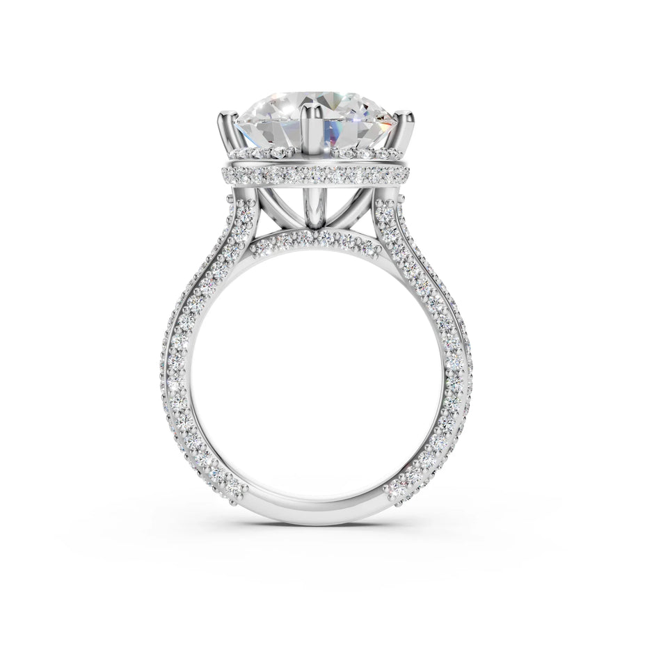 Round Moissanite Cathedral Engagement Ring by Bel Viaggio Designs with diamond pavé band