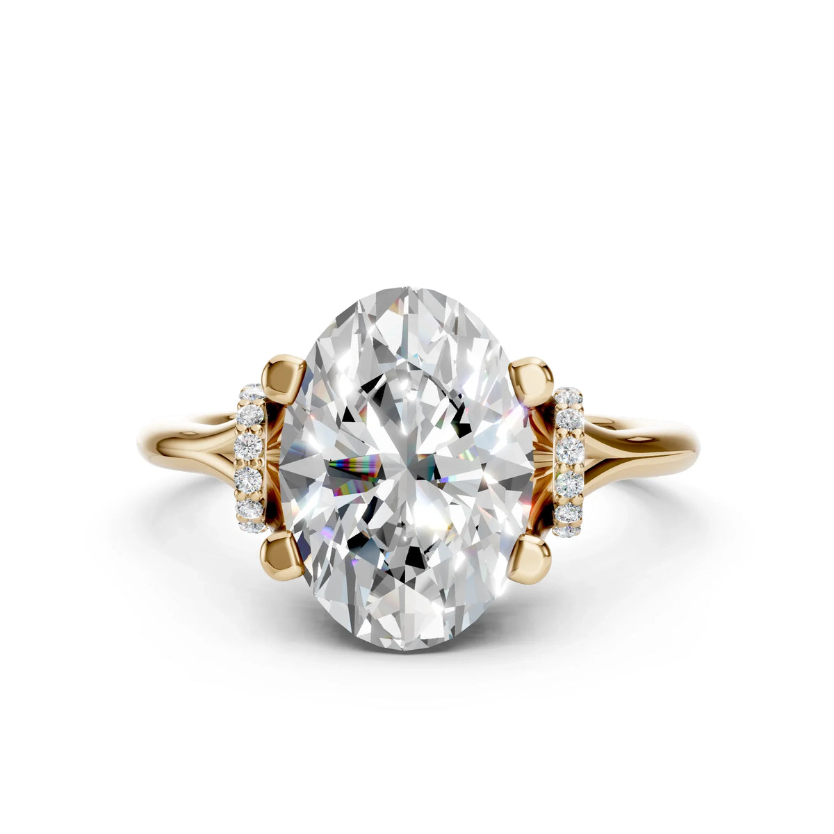 Bel Viaggio Designs oval lab diamond ring with a split shank solitaire setting in yellow gold