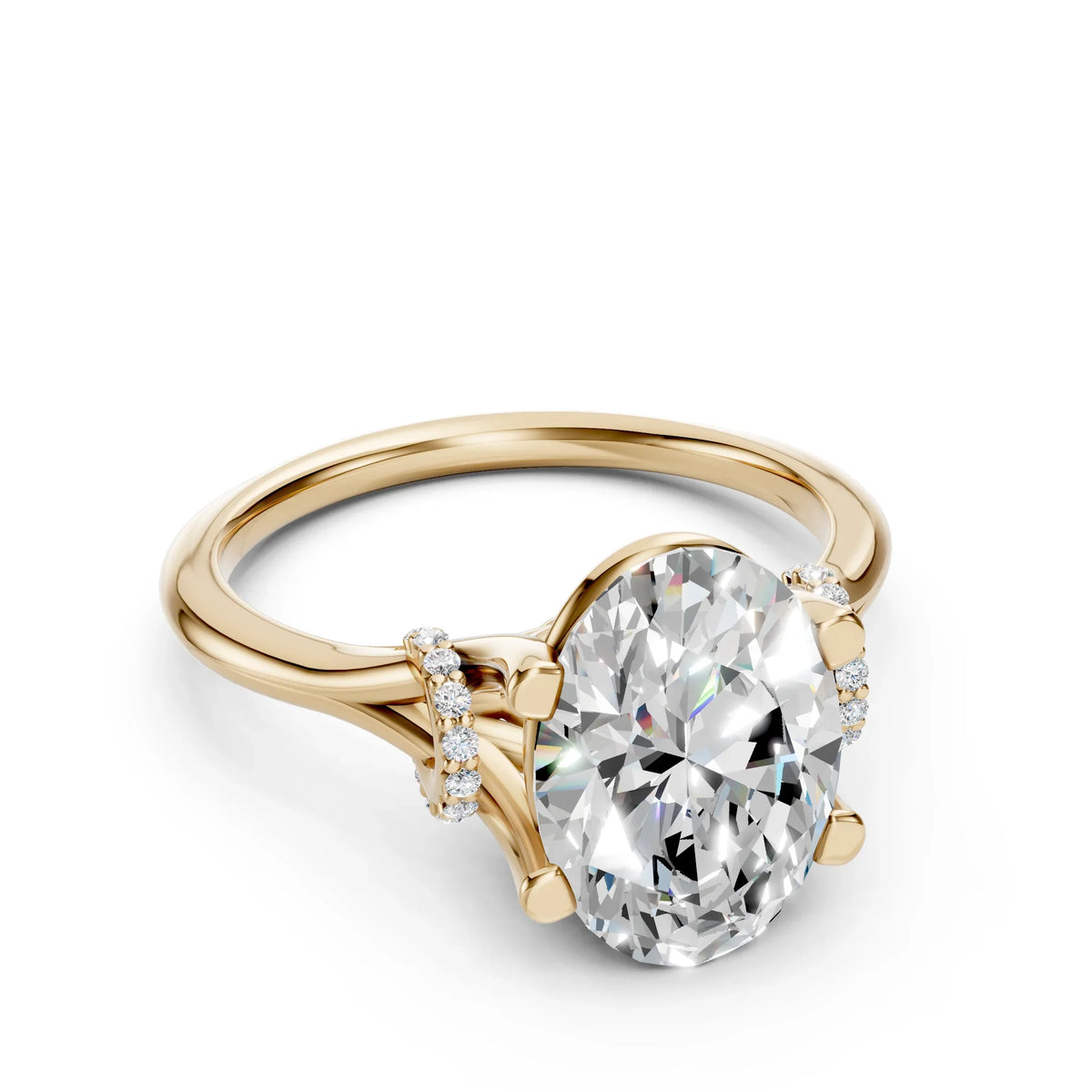 Bel Viaggio Designs oval lab diamond ring with a split shank solitaire setting in gold
