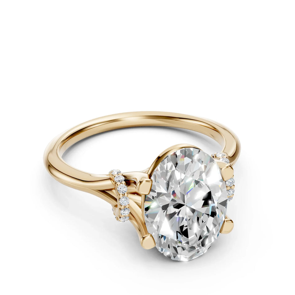 Bel Viaggio Designs oval lab diamond ring with a split shank solitaire setting in gold