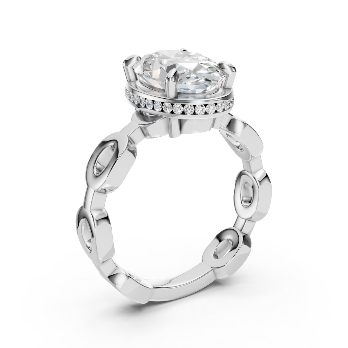 Bel Viaggio Designs oval lab diamond solitaire engagement ring with a link band and diamond halo