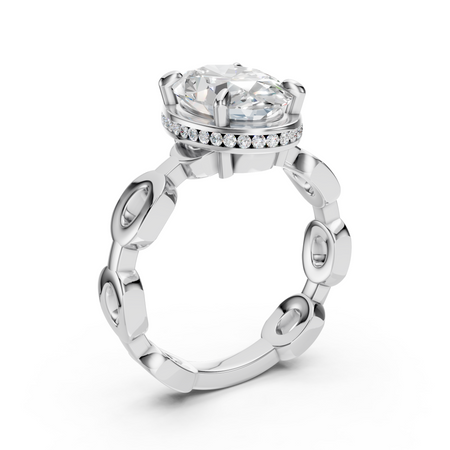 Bel Viaggio Designs oval lab diamond solitaire engagement ring with a link band and diamond halo