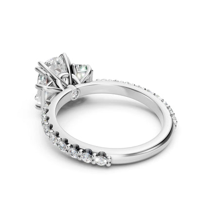 Bel Viaggio Designs lab diamond cushion cut and Cadillac three stone ring with diamond band
