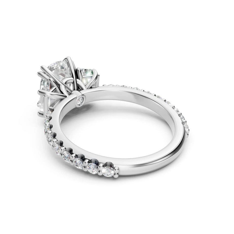 Bel Viaggio Designs lab diamond cushion cut and Cadillac three stone ring with diamond band