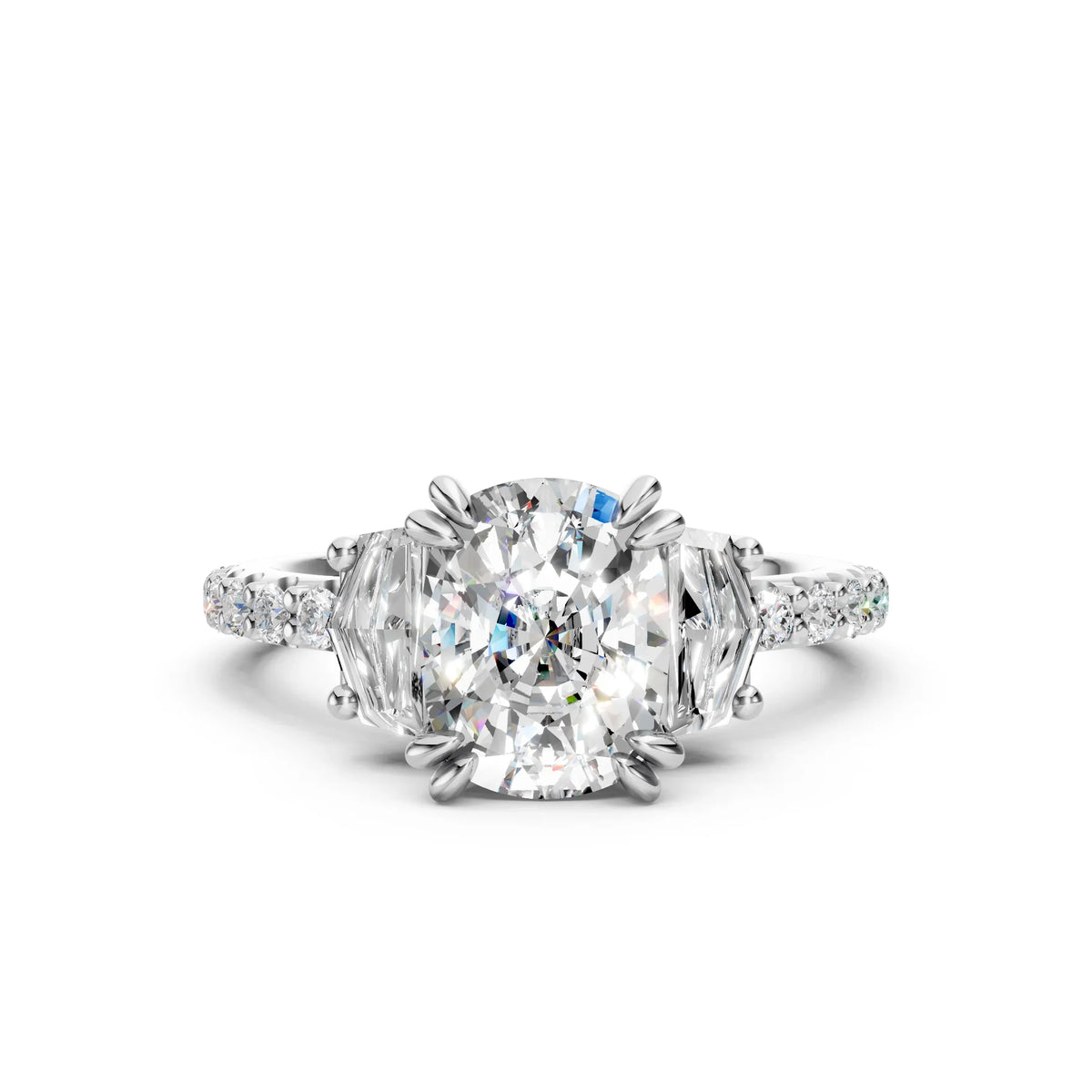 Bel Viaggio Designs lab diamond cushion cut three stone engagement ring with Cadillac side stones
