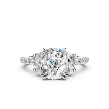 Bel Viaggio Designs lab diamond cushion cut three stone engagement ring with Cadillac side stones